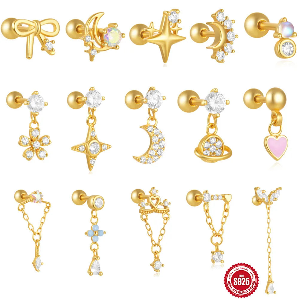 925 Sterling Silver Mini Moon Star Pendant Earrings Cute Gold-Plated Ear Bone Nail Studs for Women's Jewelry or Gifts