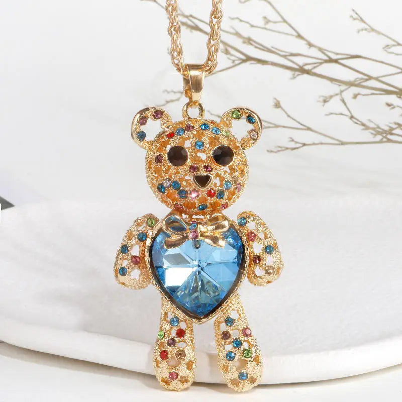 2023 New Couple Lovers Gift Vintage Crystal Diamond Love Heart Necklace Gold Plated Jewelry Teddy Bear Necklace for Women