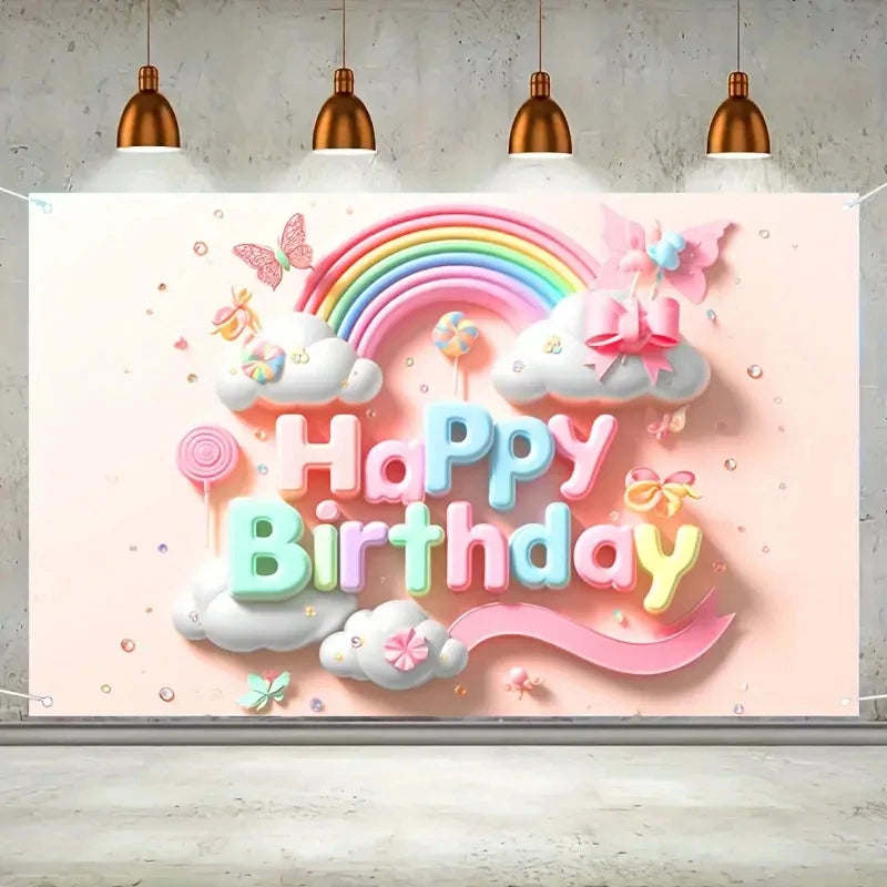 3D Cloud Rainbow Design Polyester Photo Backdrop Fabric Tapestry Happy Birthday Backdrop Banner Event Decoration