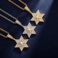New Hip Hop Brass Gold Plated Lab Diamond Pendant Women Men Iced Out Cubic Zirconia Spin Hexagram Charm Necklaces Rapper Jewelry