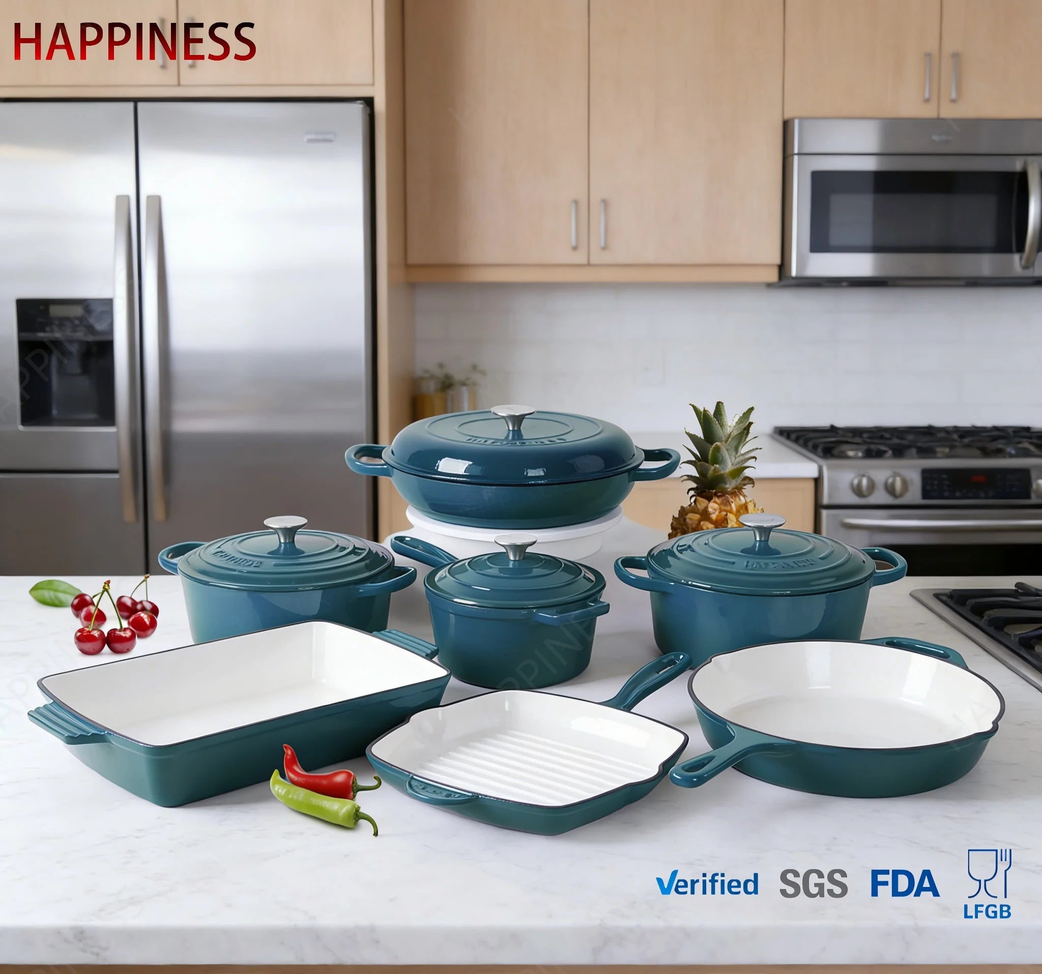 Multifunctional Modern Metal Enamel Complementary Food Cast Iron Kitchen Casserole Pot Set Two Handles Cast Iron Lid Induction