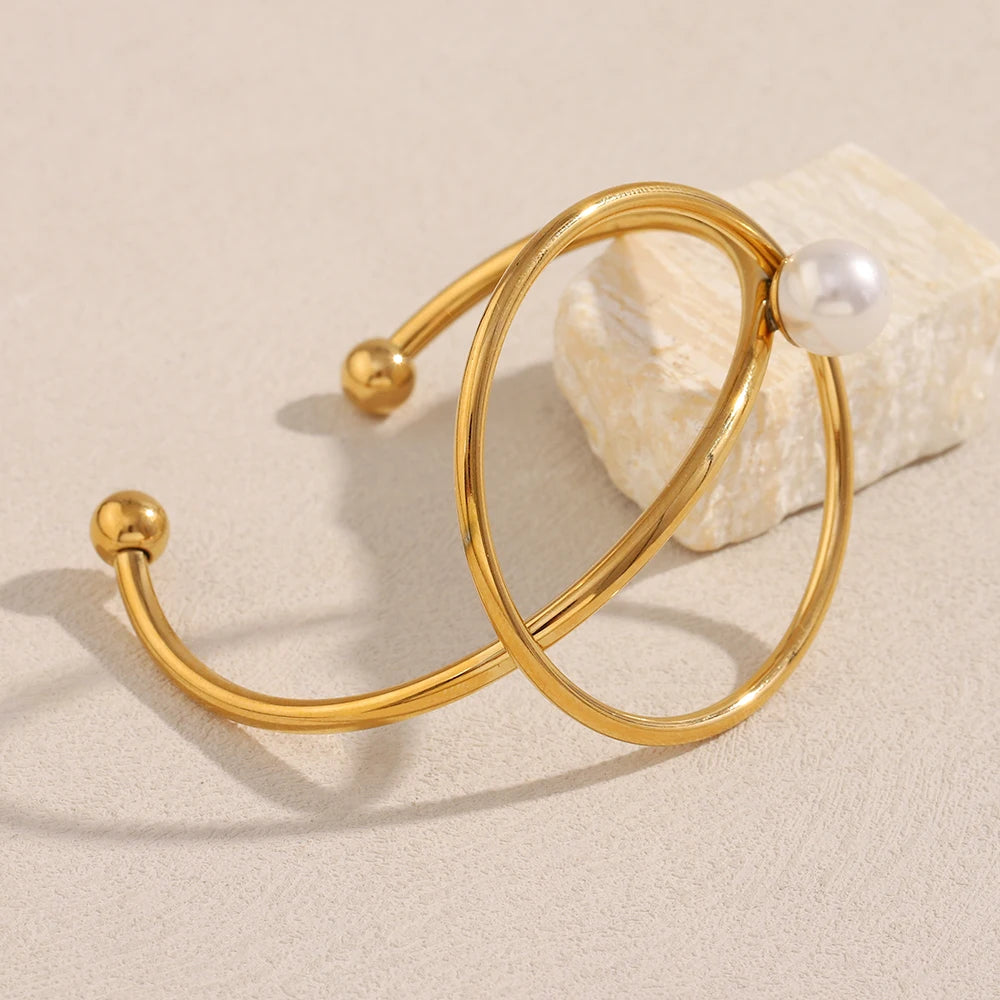 Dreamshow Imitation Pearl Twisted Cuff Bangle 18k Gold Plated Fashion Jewelry Bangles Stainless Steel Jewelry