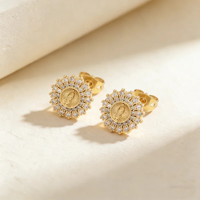 QIKU Charm Round Virgin Mary Stud Earrings Gold Color Copper Cubic Zirconia Women Wedding Party Jewelry Accessories Wholesale
