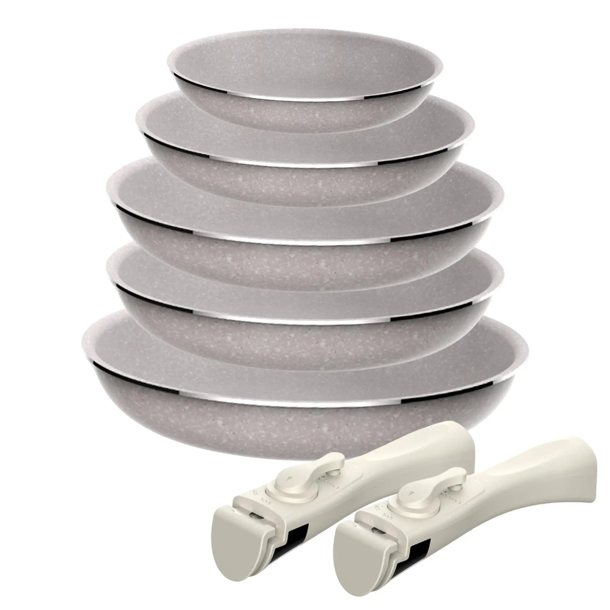 5-piece set: 5 frying pans 18cm + 20cm + 2x 24cm + 28cm in pressed aluminum with ILAG coating with 2 removable handles