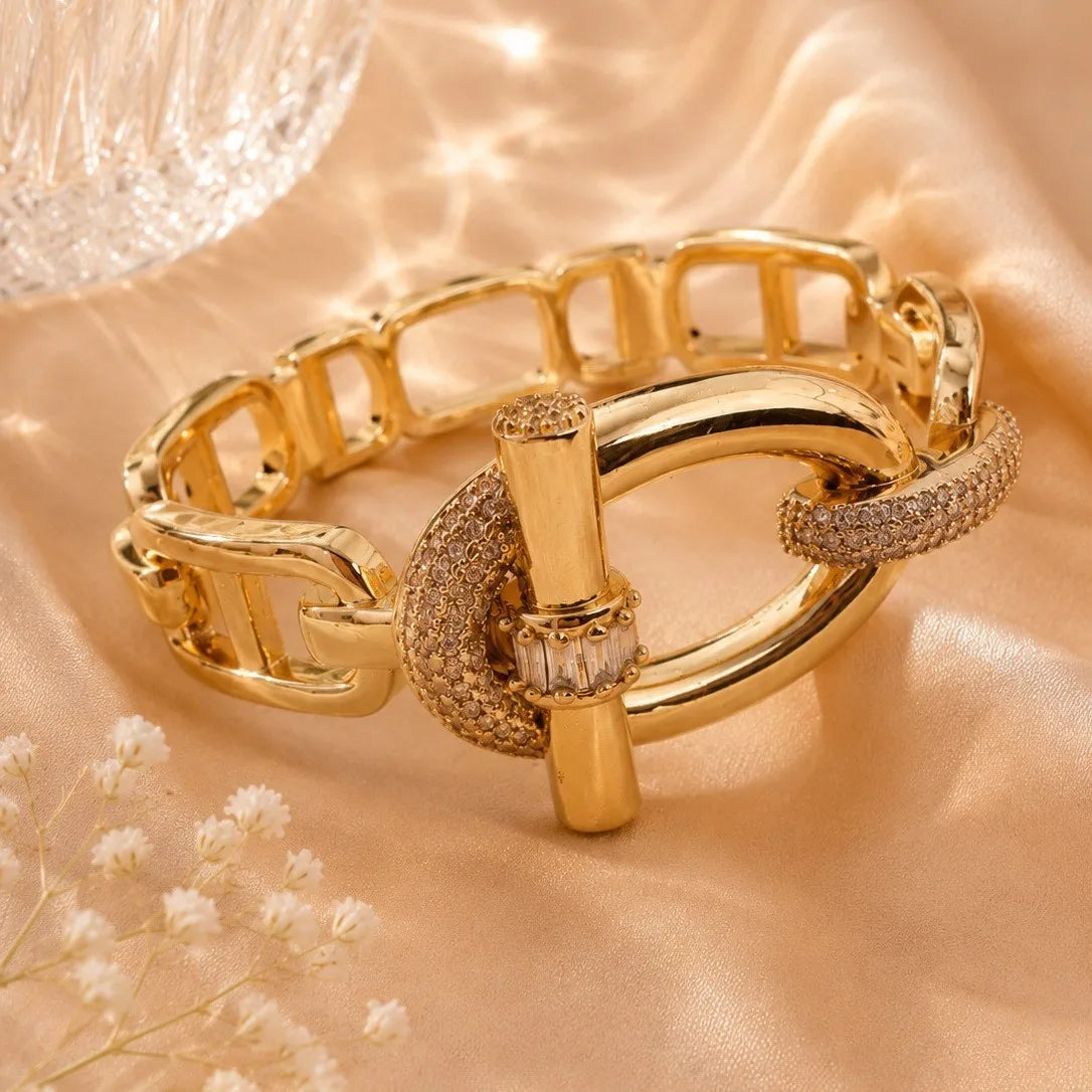 Resoul Chunky Chain Link Bangle Bracelet 18k Gold Plated Cubic Zirconia Luxury Cuff Jewelry Women Party Streetwear MegaBDM