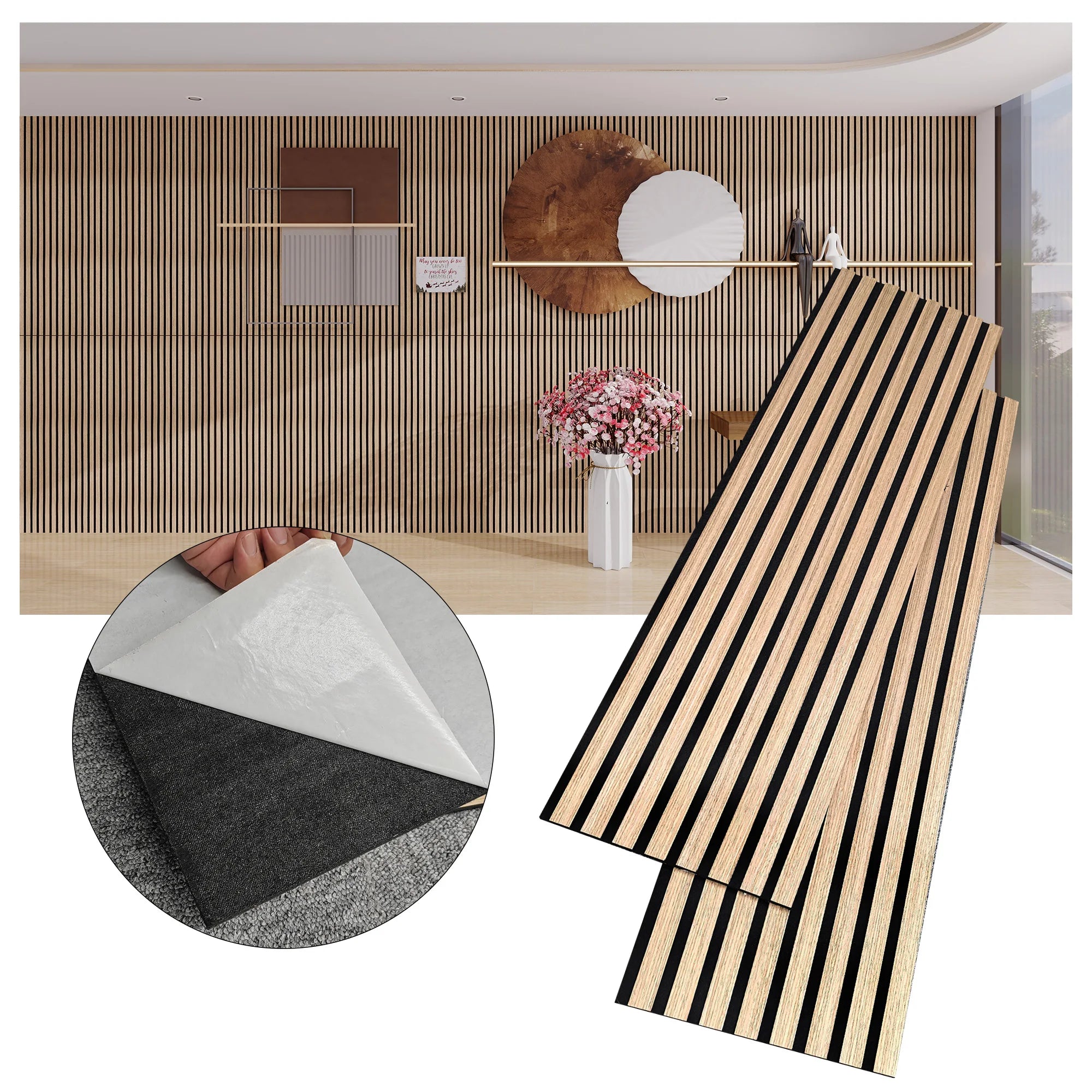 Kasaro Modern Self-Adhesive Geometric Wood Veneer Wall Tile Stickers 3D Polyester Acoustic Panels