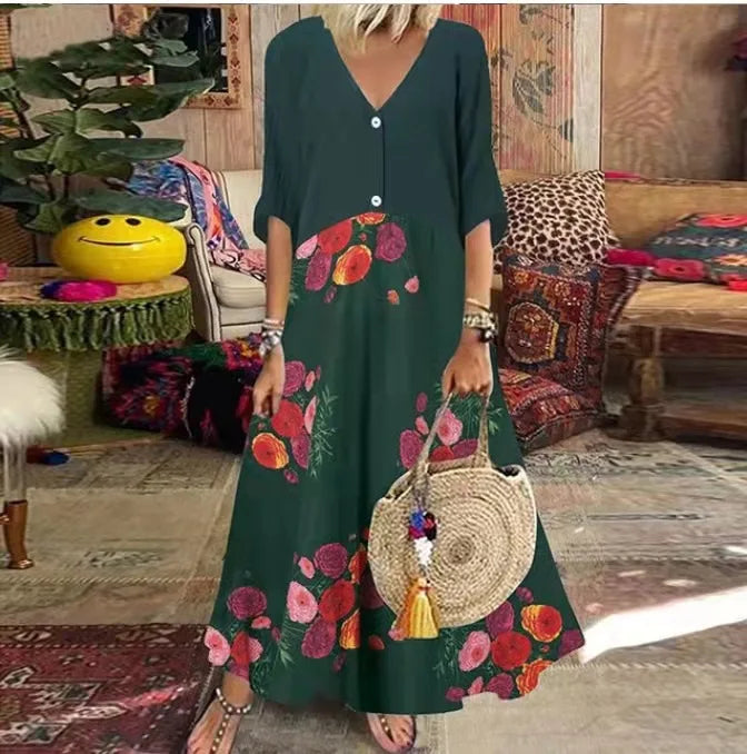 2025 Summer New European and American Style V-neck Short Sleeve Printed Long Dress with Button Casual Dress