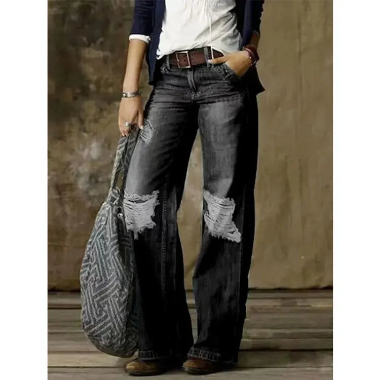 2026 Cross-Border Original European & American Vintage Casual Straight Wide-Leg Women's Hot-Selling Jeans --Distressed Jeans