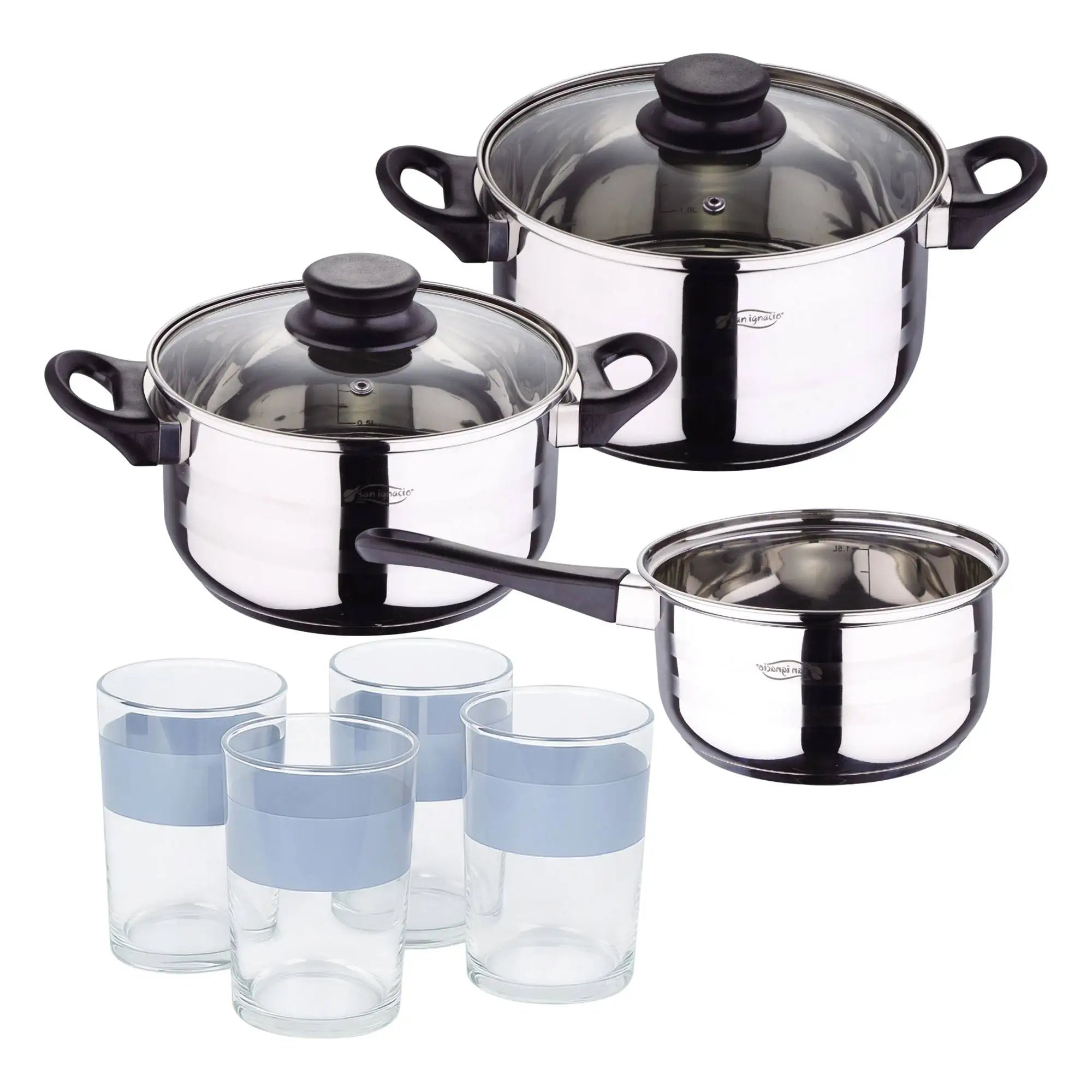 Toledo 5pc cookware set suitable for induction hobs + Set of 4 x 0.5L glasses NOIA San Ignacio