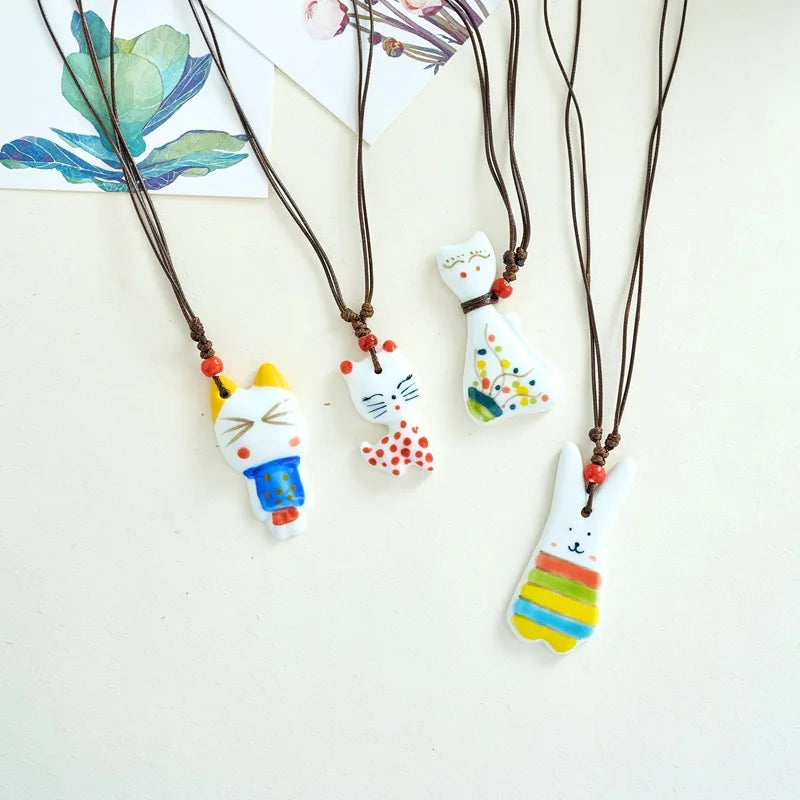 Autaum Sweater Chain Wax Rope Horse Cat Elephant Necklace Cute Ceramic Carton Animal Necklace to My Daughter