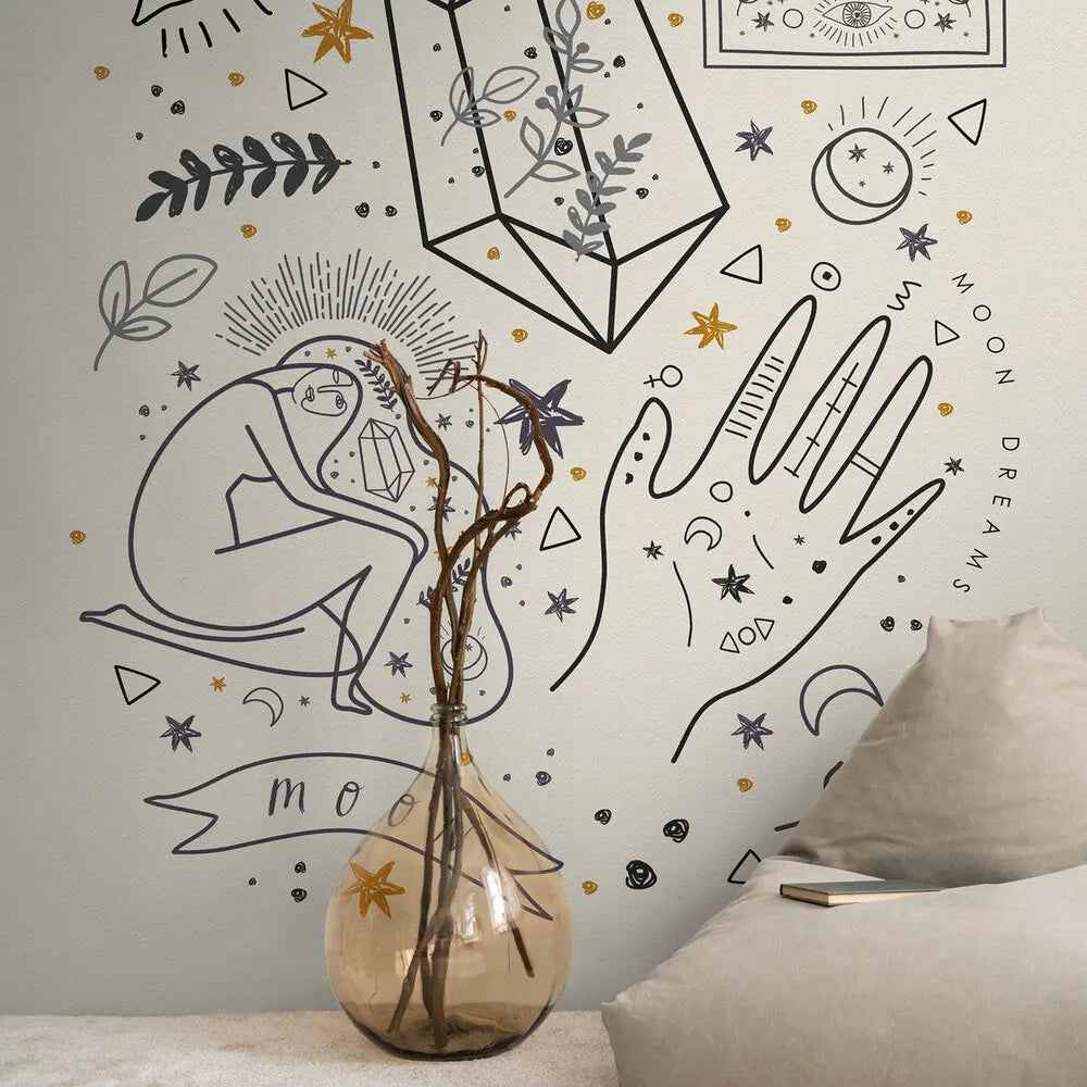 Made in Germany Photo Wallpaper Murals Abstract Cream Black Grey Yellow Non Woven Vinyl Wall Mural Drawing Bulk - 159 x 280 m