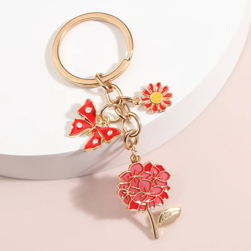 Cute Enamel Keychain Butterfly Flower Sun Honeybee Key Ring Heart Pearl Key Chains Metal Key Ring Bag Pendant Gifts