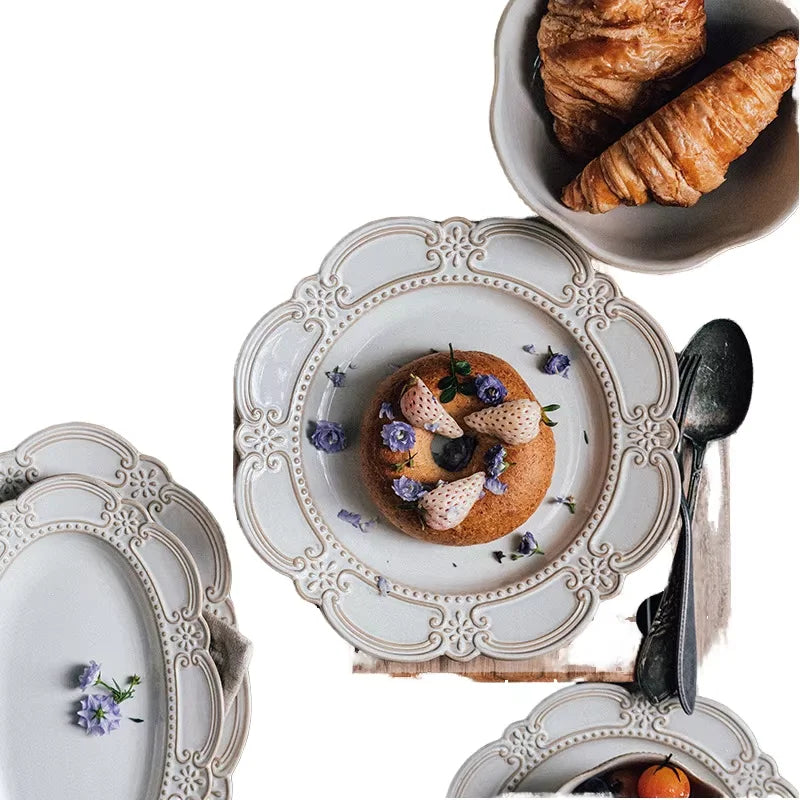 French Palace Style White Embossed Eco-Friendly Dishwasher Safe Creative Western Household Restaurant Porcelain Plate 4-Piece