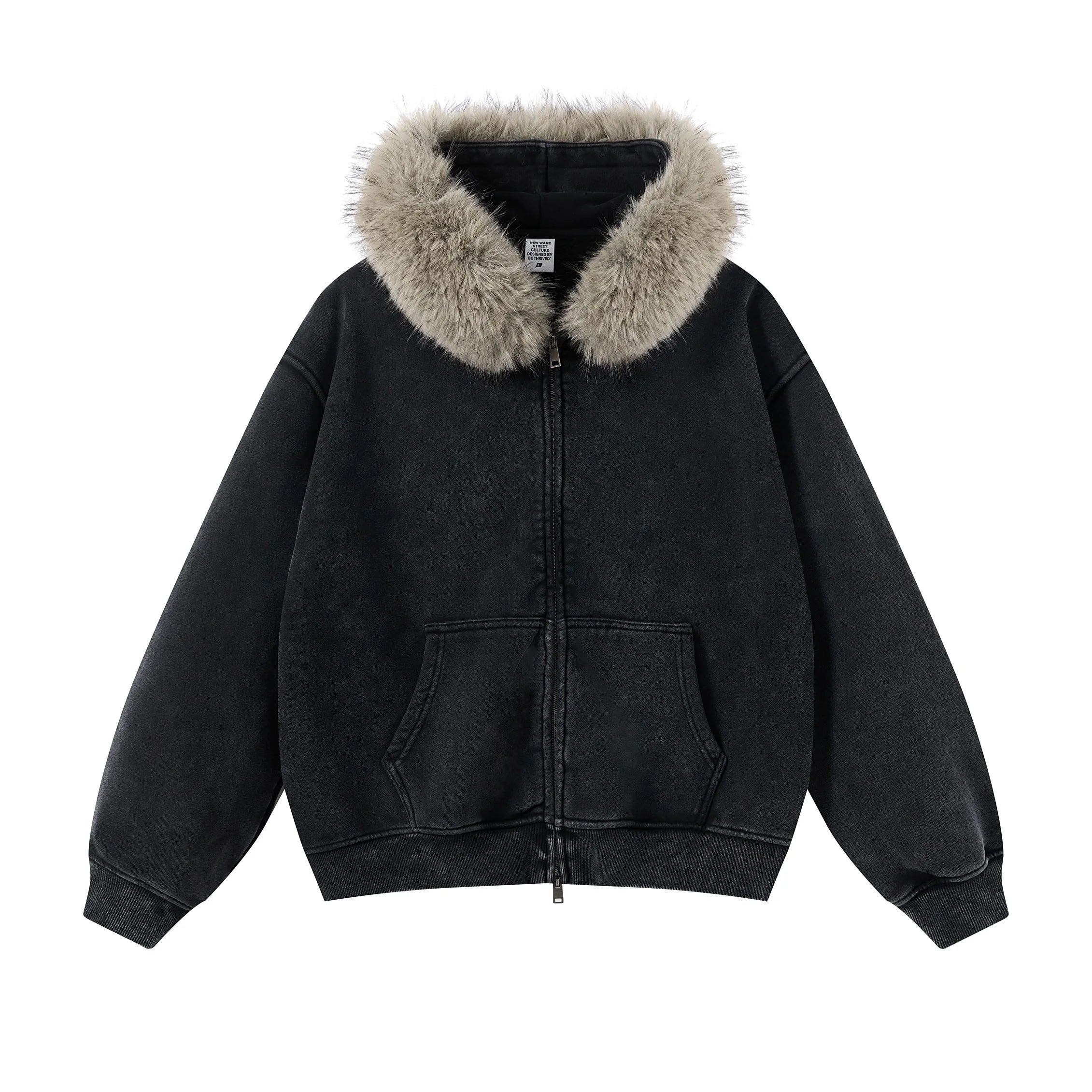 Men's Custom Logo Heavyweight Hoodie Oversized Boxy Zip Distressed Faux Fur Lined Hood Solid