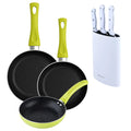 Set of 3 San Ignacio frying pans (20+24+28cm) green pressed aluminum + Set of 3 knives with stainless steel handles