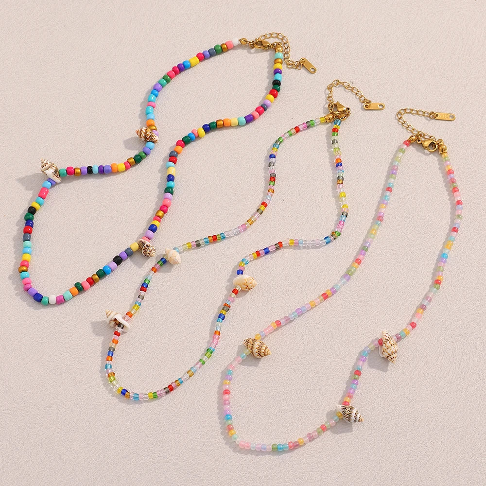 Dreamshow Colorful Acrylic Beaded Jewelry Shell Charm Necklace Summer Fashion Stainless Steel Jewelry