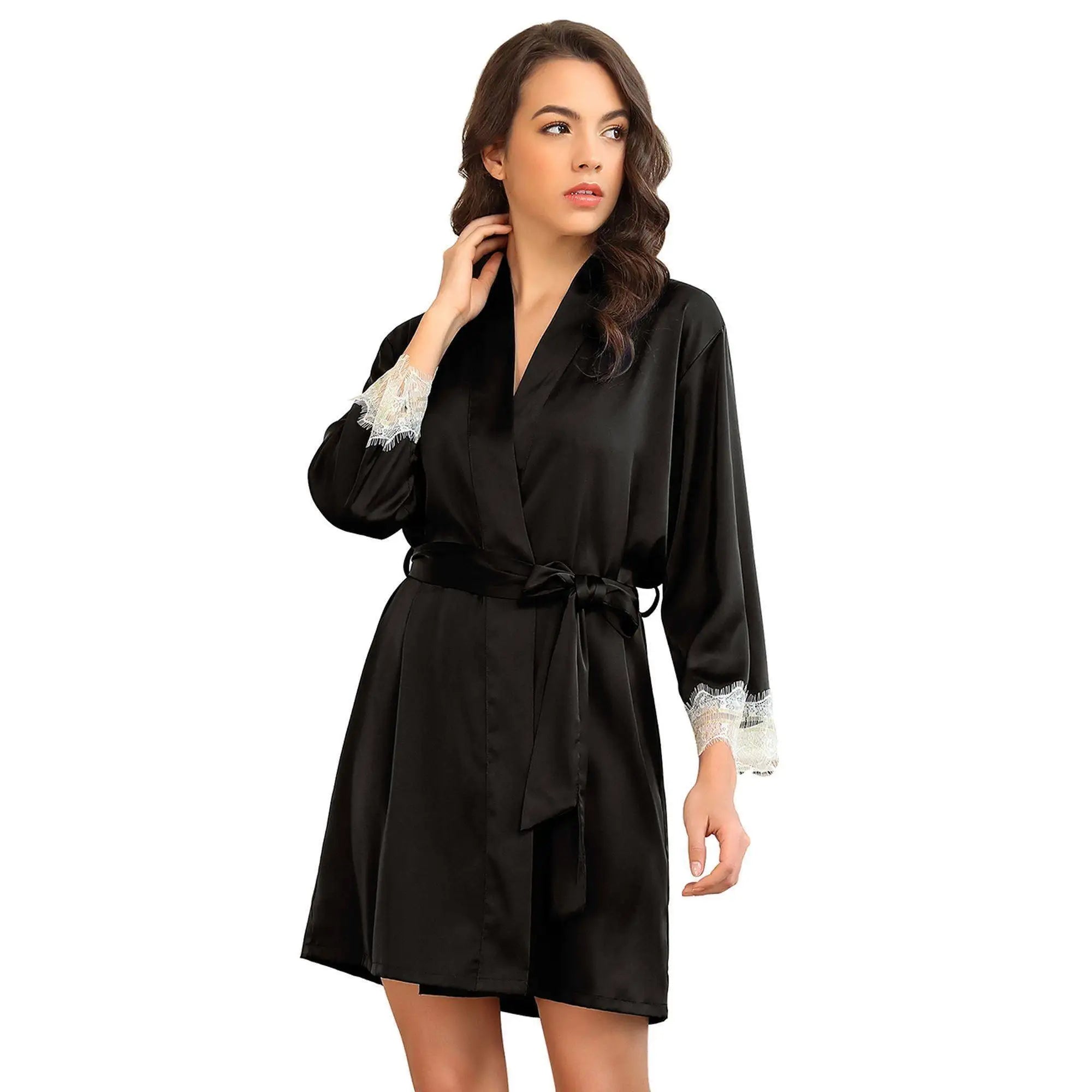 Two-piece pajamas with black silk satin lace trim size L