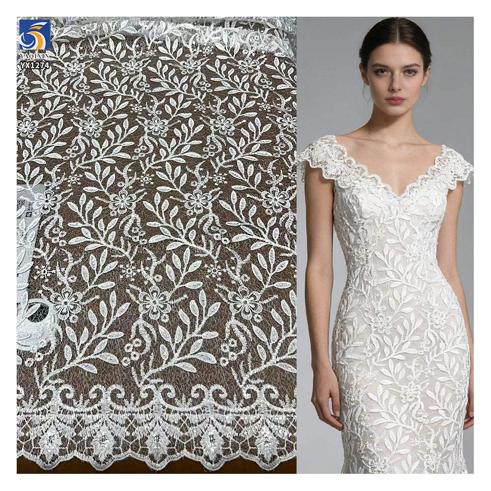 YX1274-1 Chinese Lace 10 Yards Custom Pattern Dyeing Embroidered Water-Soluble Lace Fabric for White Wedding Dress MegaBDM