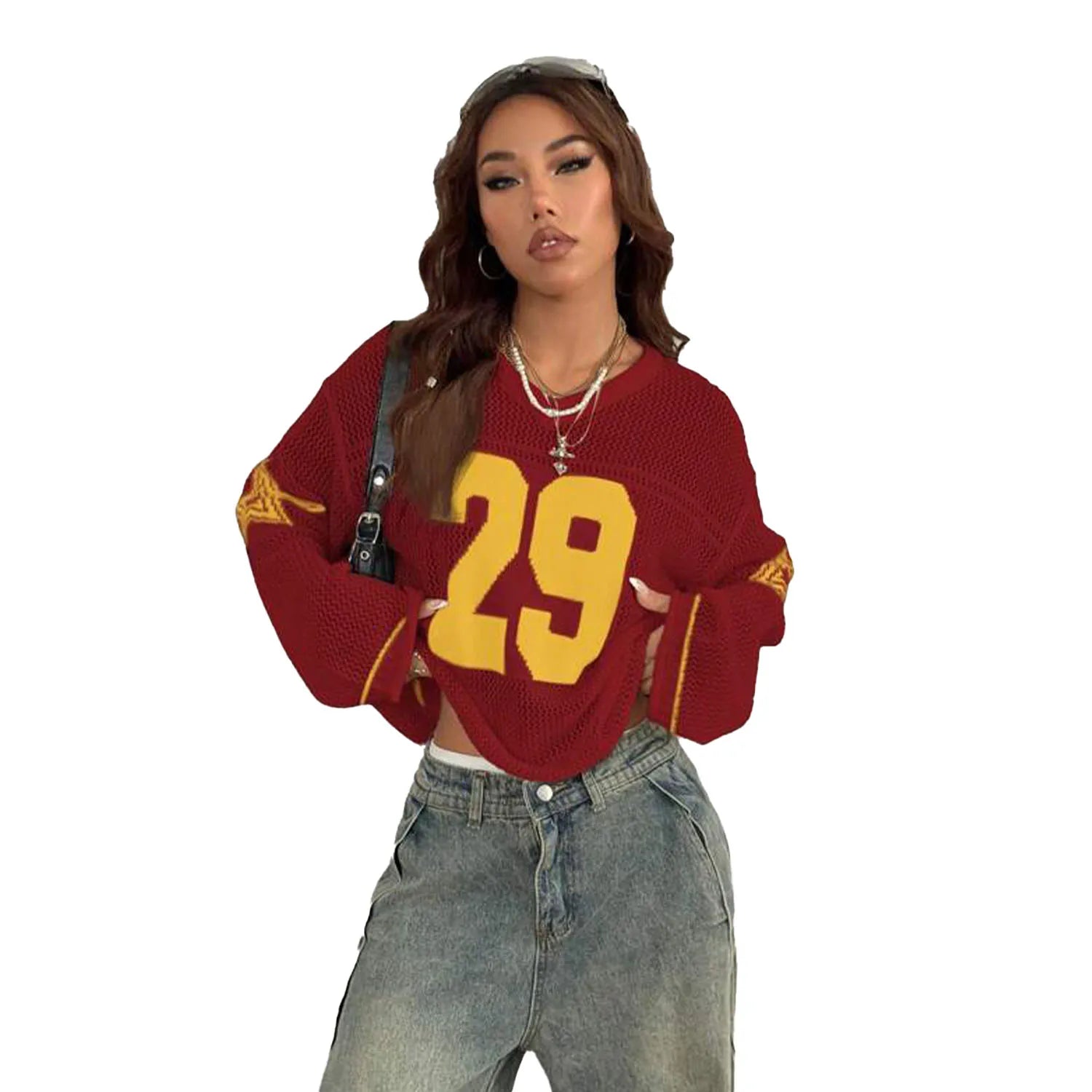 Women's Loose Fit Fall Fashion Streetwear Pullover Red Mesh Knit Jersey Sweater Yellow 29 Print Embroidered Stars Yellow Sleeves