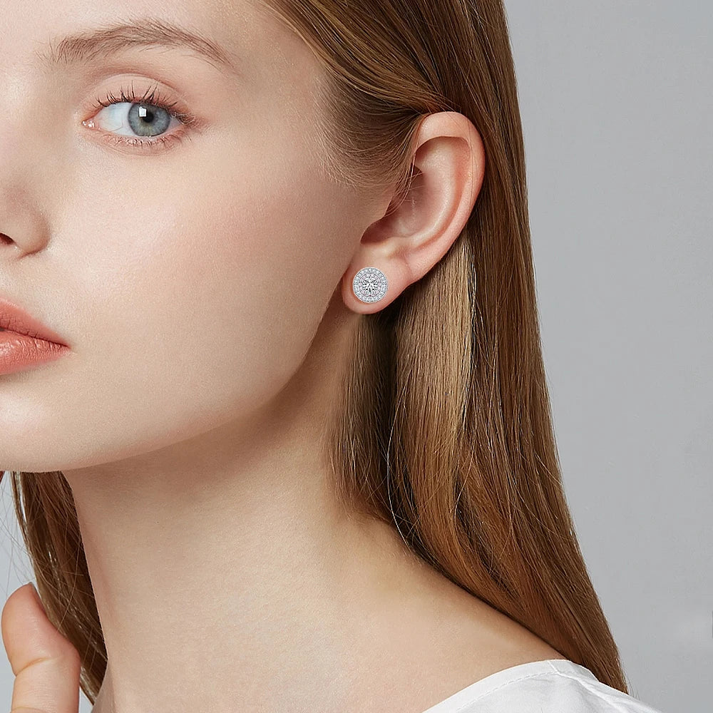 Tonglin  Female Earrings Round Double Halo Sterling Silver Stud Earrings Wedding Sterling Silver Earrings