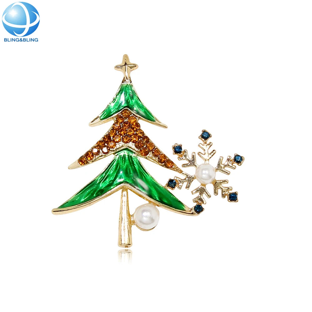 Ready Stock Christmas Tree With Snowflake Brooches Alloy Enamel Pearl Crystal Inlaid Jewelry Pins for Festival DIY Decor Gifts