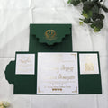 Dark Green Gate-Fold Pocket Design Wedding Invitations with Rose Gold Foil Envelope and Monogram