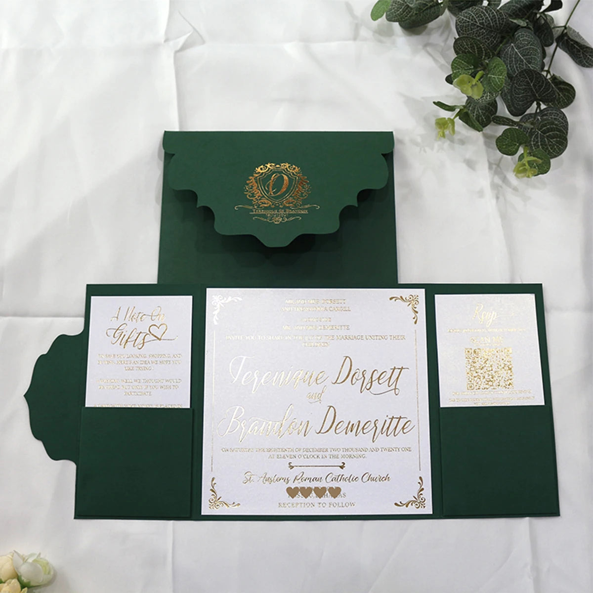 Dark Green Gate-Fold Pocket Design Wedding Invitations with Rose Gold Foil Envelope and Monogram