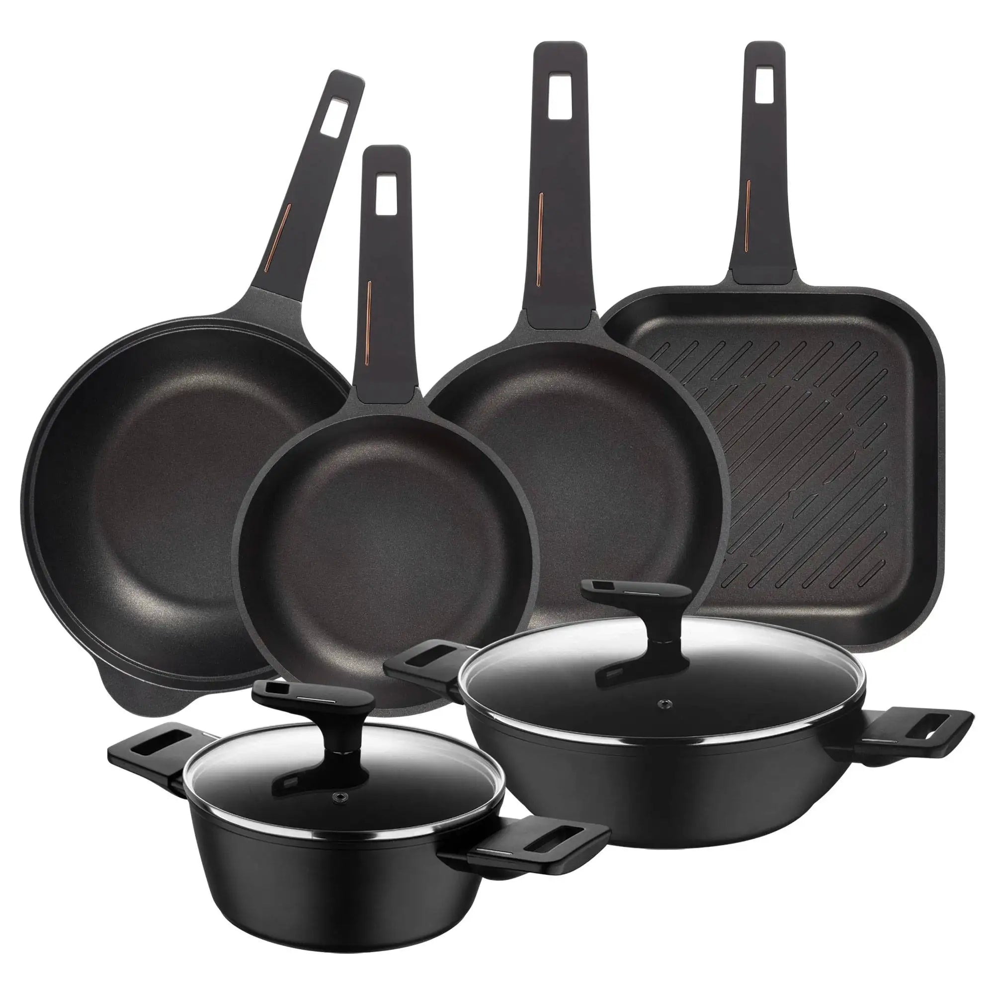 Cookware Set with 2 Saucepans 2028cm in Forged Aluminum + 2 Frying Pans 2428cm + Grill Pan 28x28cm + Wok 30cm in Cast
