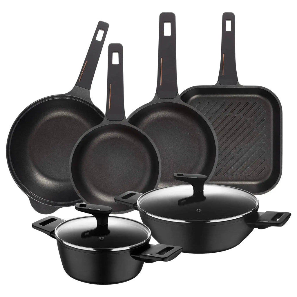 Cookware Set with 2 Saucepans 2028cm in Forged Aluminum + 2 Frying Pans 2428cm + Grill Pan 28x28cm + Wok 30cm in Cast