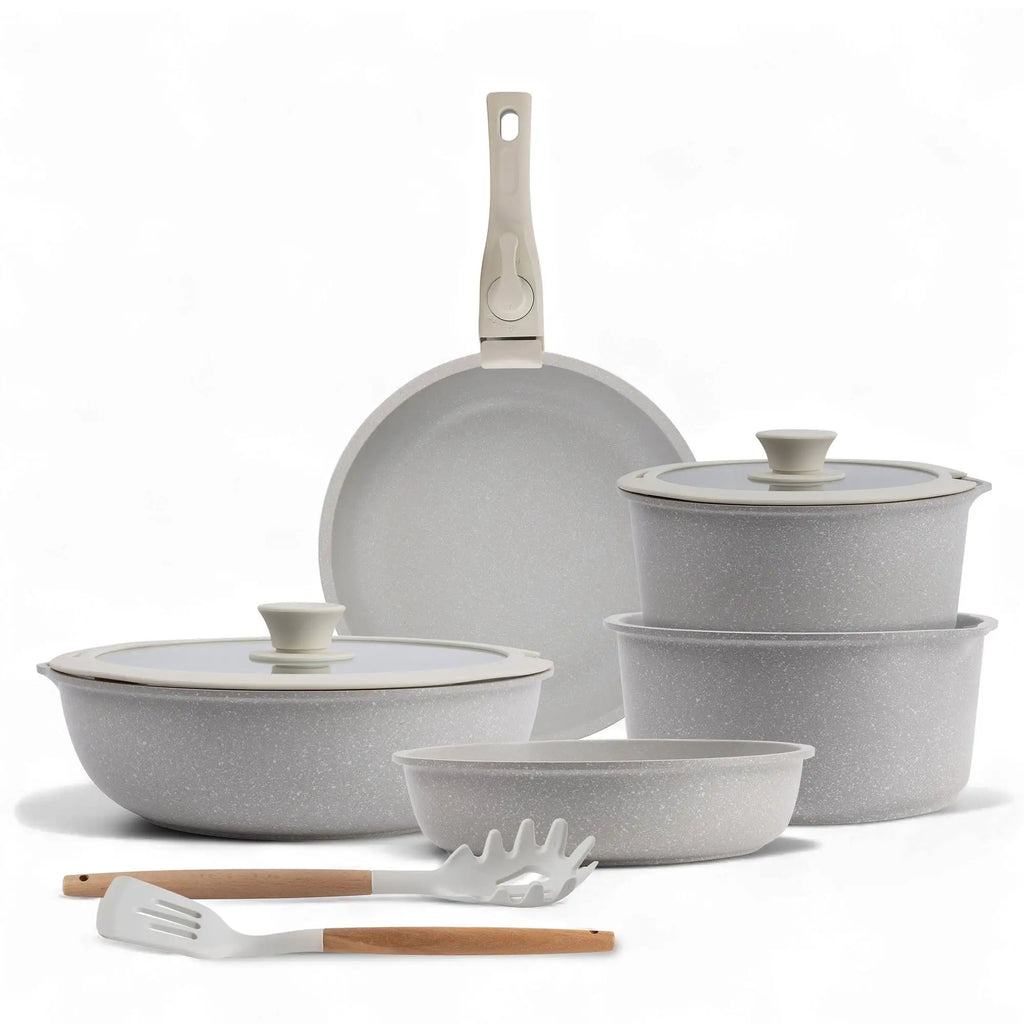 Bergner Click&Cook 10-Piece Cookware Set Beige with Removable Handles 3 Frying Pans 2 Saucepans Lids and Utensils Cast