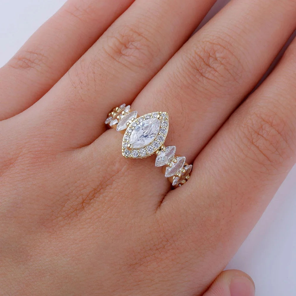 Fashion Iced Out Mariquesa Design Zircon Ring Brass Gold Plated Luxury Shiny Bling Marquise Lab Diamond Wedding Party Women Gift