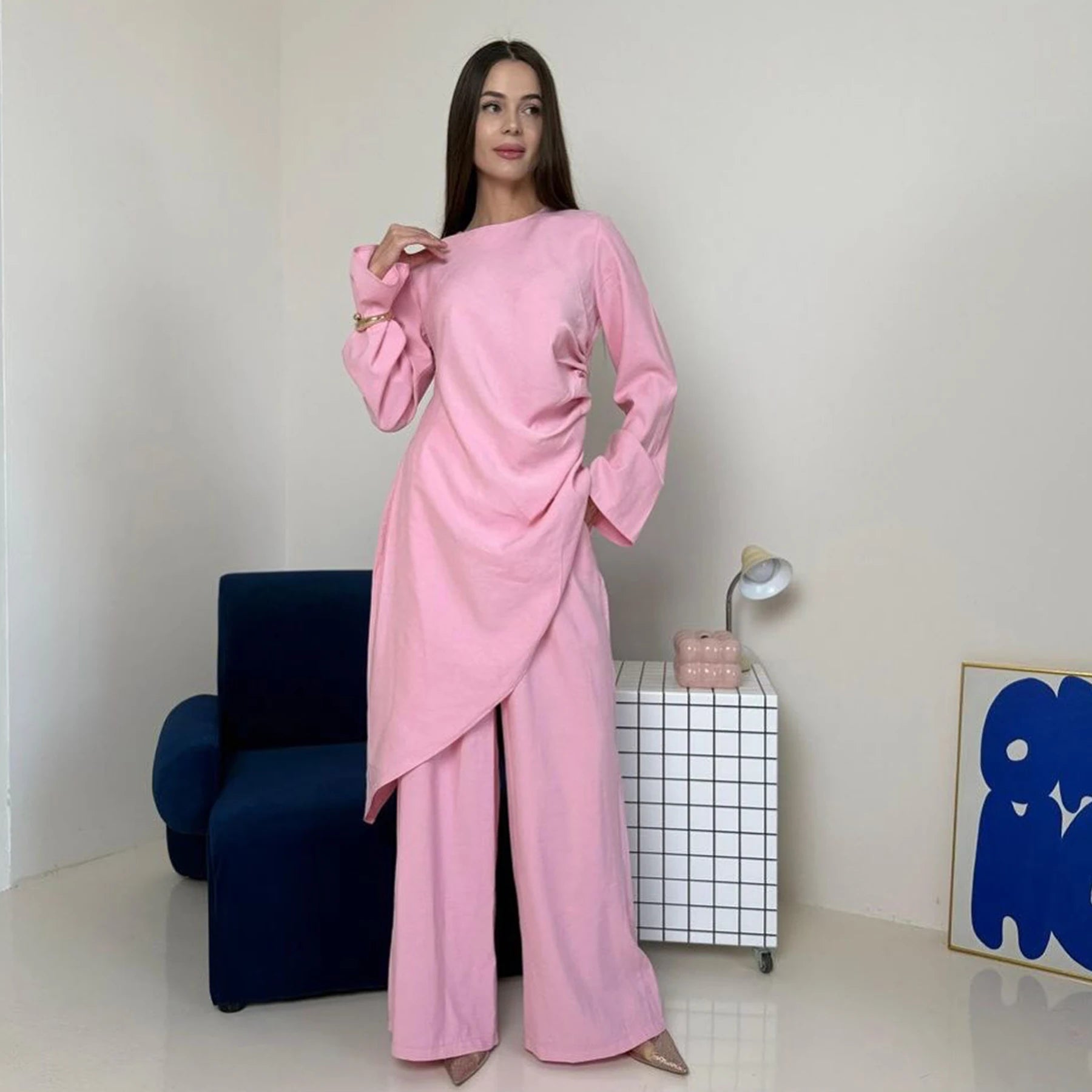Loriya Draped Asymmetrical Top Modest Two Pieces Co-ord Sets Crepe Long Top and Pants Casual Wear Muslim Women's Clothing
