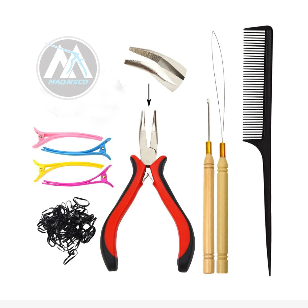 YANTAISIYU Hair Extensions Kit 500 Black Silicone Micro Lined Beads Loop Needle Threader Pulling Hook Needle Extension Pliers 1
