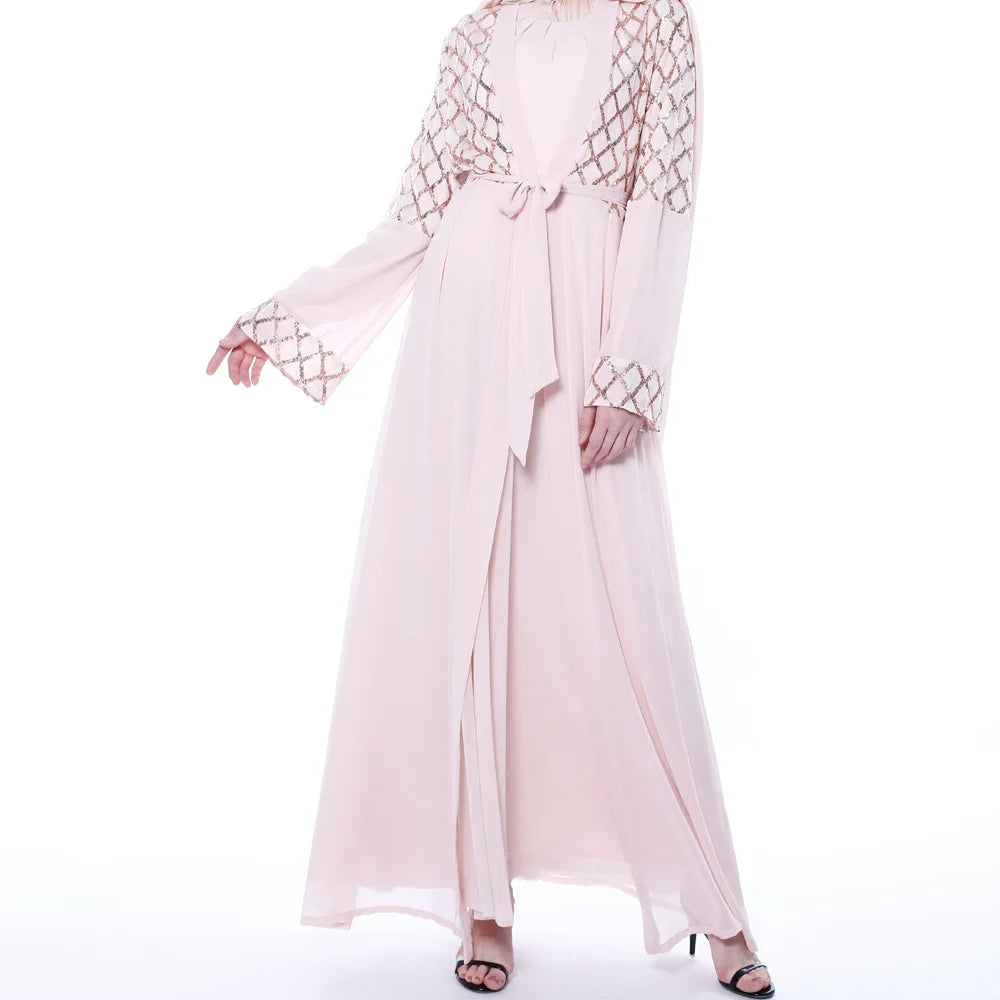 Women Muslim Kaftan Abaya Long Sleeve Maxi Dress Middle East Dubai Sequin Chiffon Robe Saudi Arab Islamic Clothing