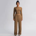 Brushed Yoga Set - Crew Neck Long-Sleeve Top & Dropped-Crotch Wide-Leg Loose Casual Pants for Sports Running & Fitness