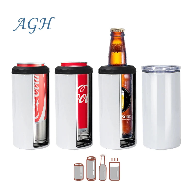 4 in 1 Beer Can Cooler Stainless Steel Vacuum Insulated Sublimation Blank Metal Can 16oz Tumbler with Dual Top Lids
