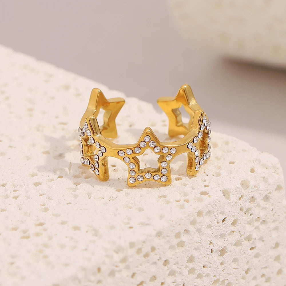 Dreamshow Zircon Jewelry Star Fashion Rings for Women 18k Gold Plated Jewelry Stainless Steel Open Ring MegaBDM