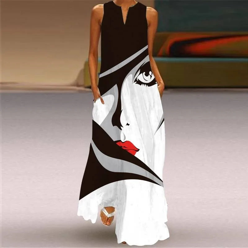 2025 New Summer Women's Sleeveless Floor-Length Dress V-Neck Printed Floral European American Cross-Border Trade Clothing