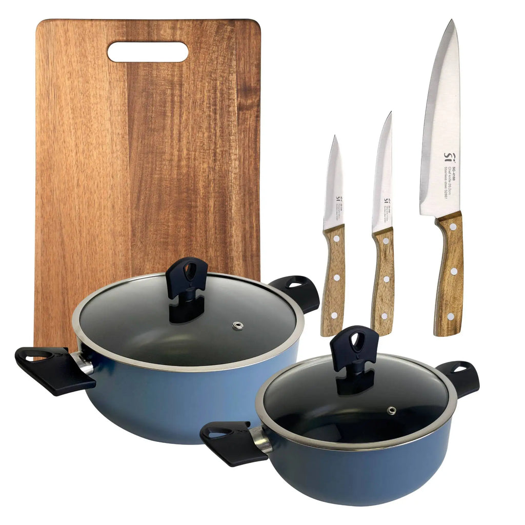 Set of 2 saucepans with lids 2024cm in pressed aluminum blue color + 3 stainless steel knives + 40x25cm cutting board