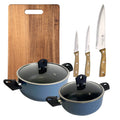 Set of 2 saucepans with lids 2024cm in pressed aluminum blue color + 3 stainless steel knives + 40x25cm cutting board