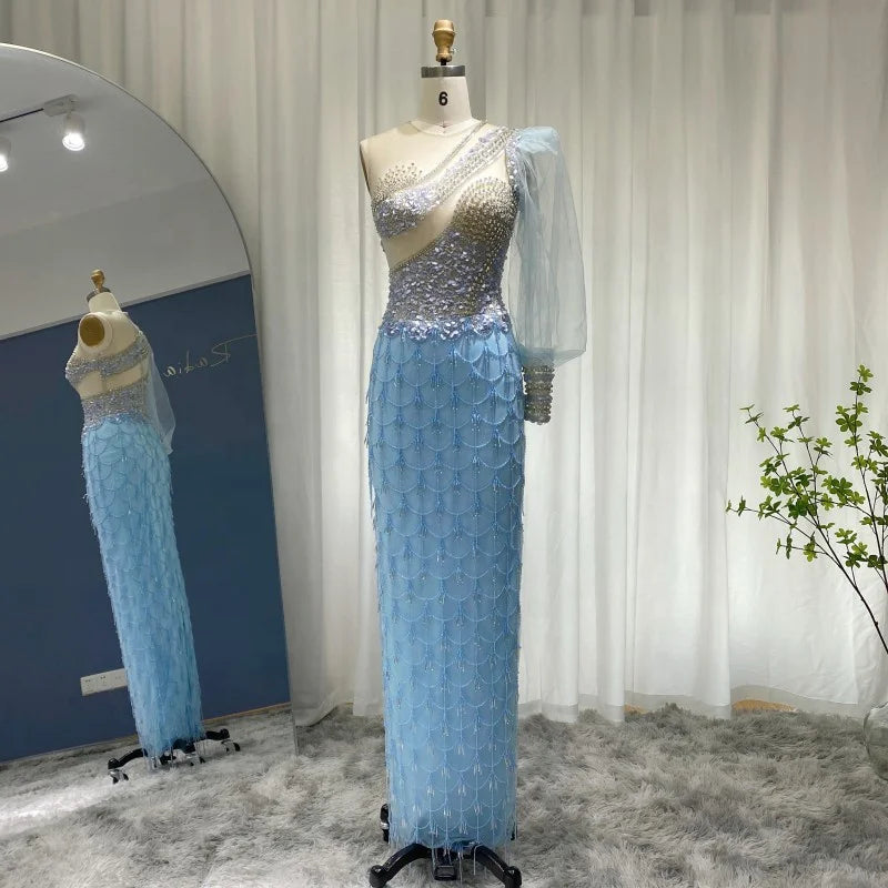 Jancember LSCZ66 New Fashion Blue Asymmetrical One Shoulder Organza Evening Prom Dress