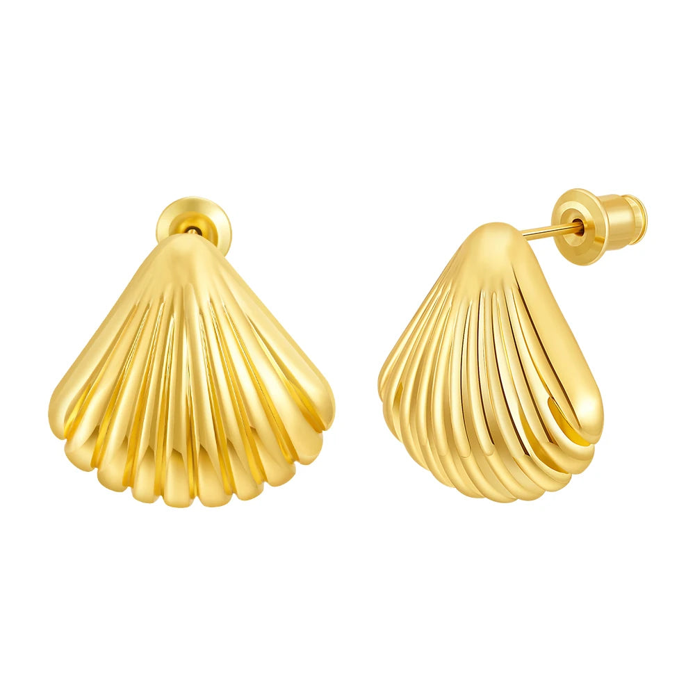 Latest 18K Gold Plated Brass Jewelry Chunky Fan Shell Shape Stud Earrings for Women Hypoallergenic Earings E241545