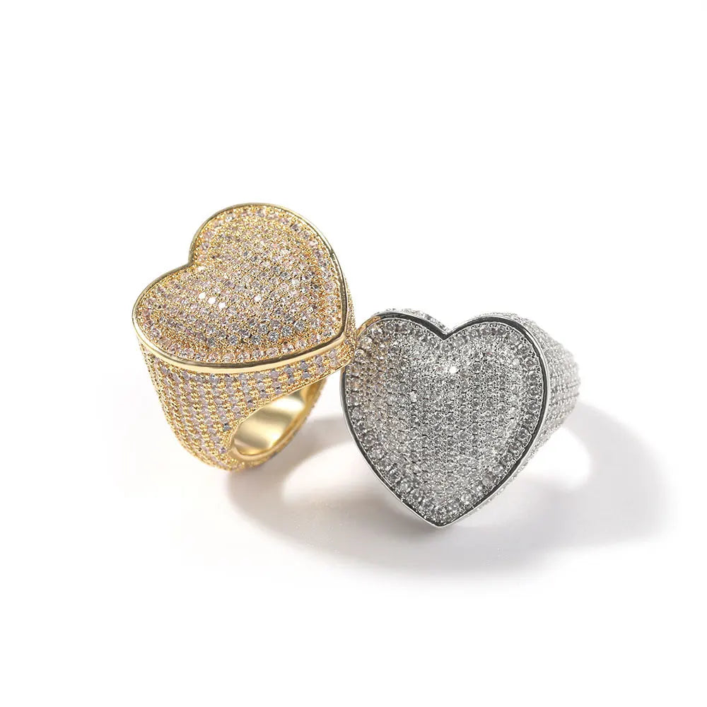 Low MOQ Wholesale Luxury Cubic Zirconiabig Big Hip Hop Jewelry Ice Out Bling Heart Ring