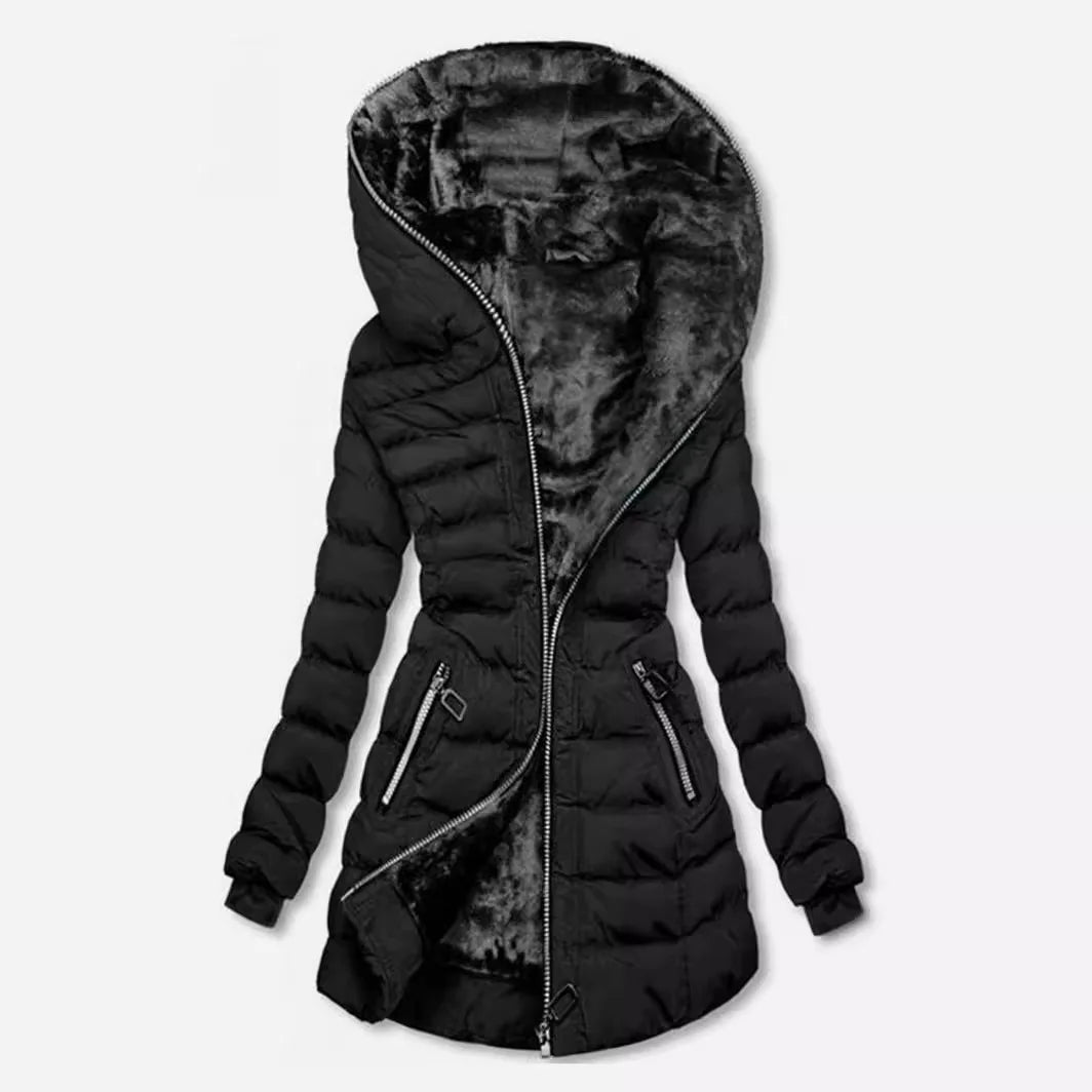 Women's Hooded Waterproof Long-Sleeve Thick Fleece-Lined Cotton Coat-Winter Elegant Mid-Length Zip Jacket