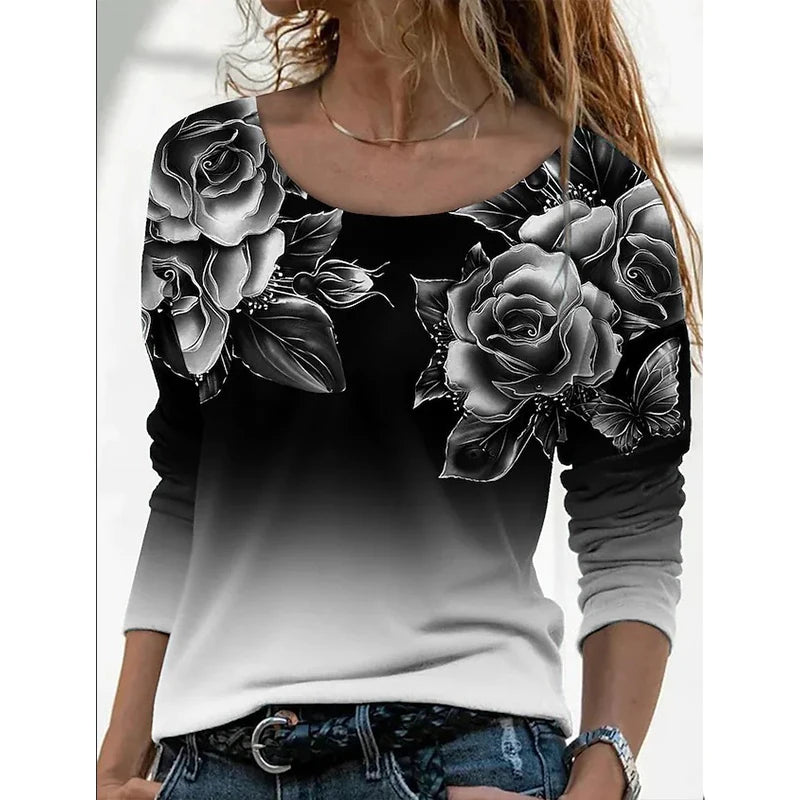 2025 New Style Long-sleeve Loose Crew-neck Casual Pullover 3D Printed T-shirts for Women on Wish and EBay