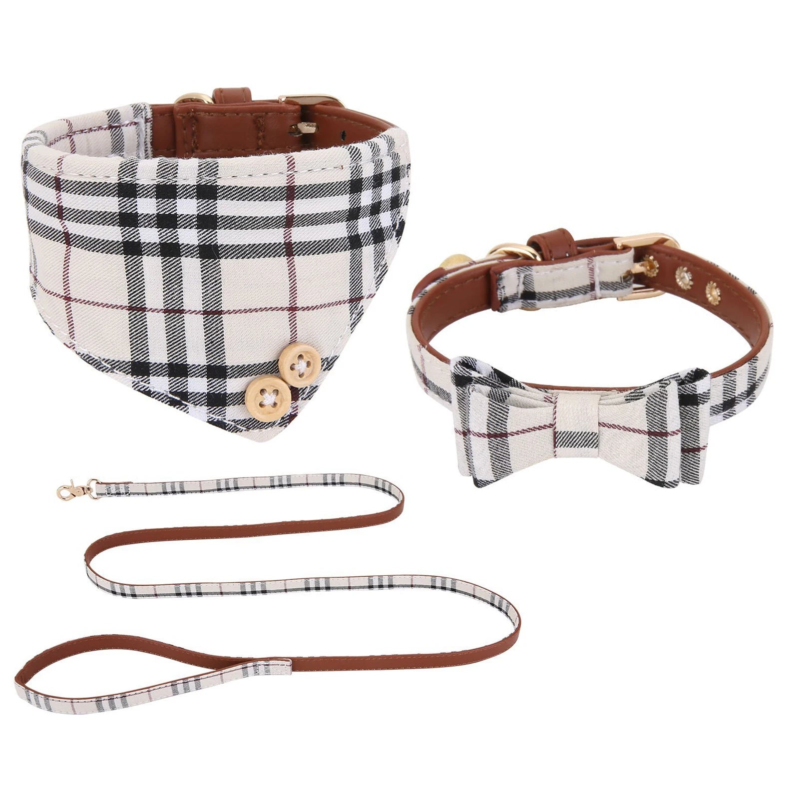 OEM Custom Cat Outdoor Accessories Pet Collar Set Beige English Bow Triangle Scarf Collar for Small Medium Dogs Set Supplies
