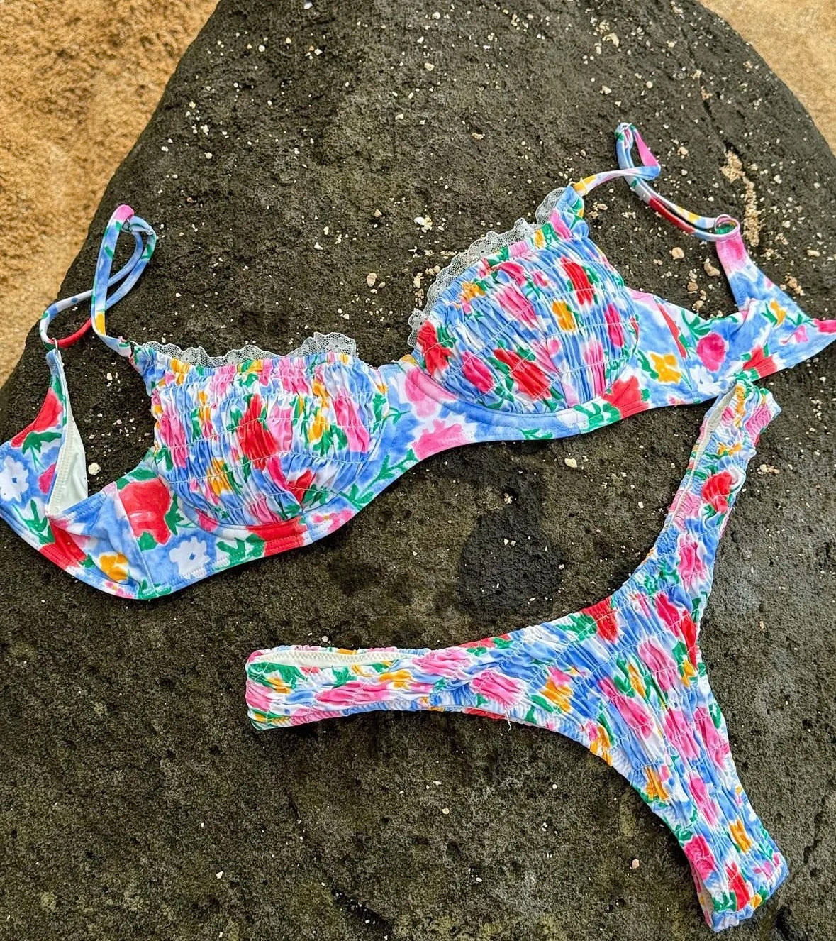 Designer Custom LOGO Women Underwire Bikini Plunge Neck Floral Striped Print Crush Lace Two-Piece Spandex/Nylon Quick Dry