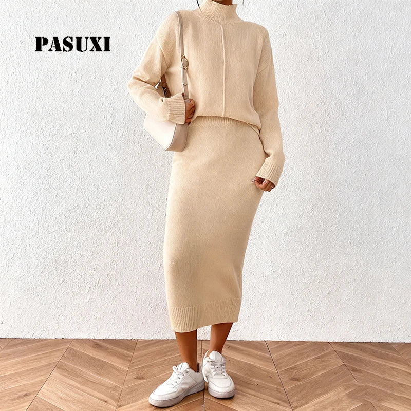 PASUXI Bodycon Knitted Two-Piece Set Wholesale Fall Winter Elegant Long Sleeve High Neck Pullover Pencil Skirt Suit for Women