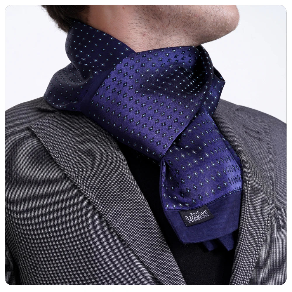 Exve Exclusive AE3496 Navy Blue & Turquoise Black Jacquard Woven Elegant Double-Sided Scarf Floral Design Knitted Style
