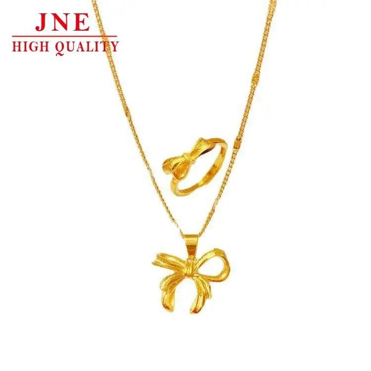 Wholesale Alluvial Gold High-grade Bow Necklace Ring Jewelry Suit butterfly Clavicle Necklace for Women Niche Design